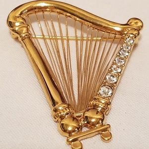 Vtg Gold Tone Harp Pin Brooch with Rhinstones